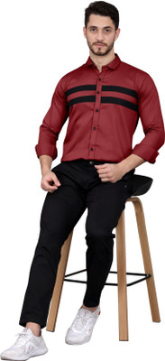 GAZZY CREATION Men Striped Casual Red Shirt
