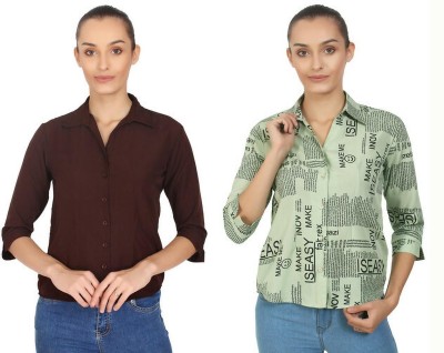 Laxmi sports Women Solid, Printed Casual Brown, Green Shirt(Pack of 2)