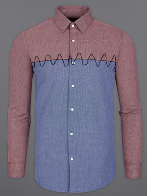 french crown Men Color Block Casual Blue, Red Shirt