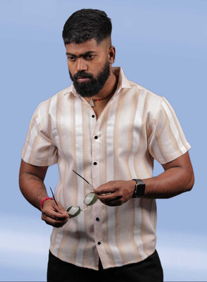 DUCCKCREATION Men Striped Casual Orange, White Shirt