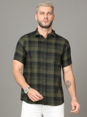 ZHAO Men Checkered Casual Black, Dark Green Shirt