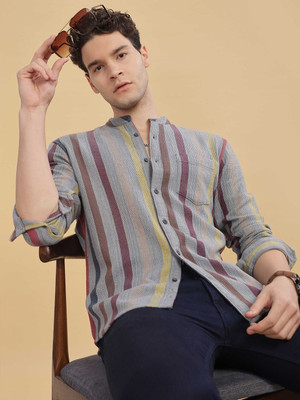 HERE&NOW Men Striped Casual Grey Shirt