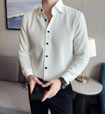 Shirteum Men Self Design Casual White Shirt