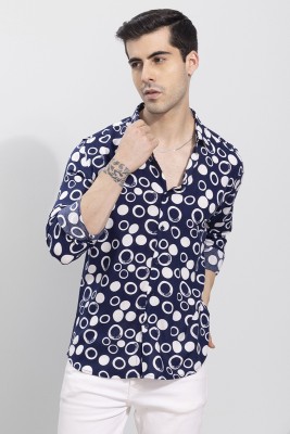 Snitch Men Printed Casual Dark Blue, White Shirt