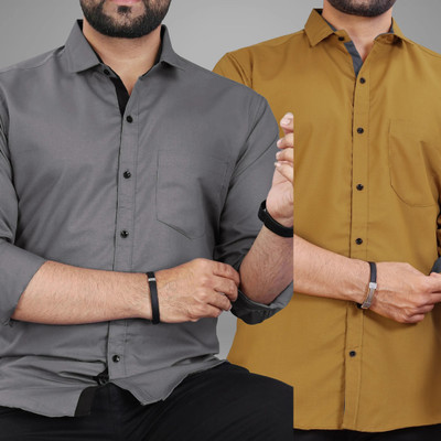 BROWEARS Men Solid Casual Grey, Yellow Shirt(Pack of 2)