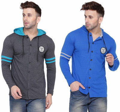 Trendfull Men Solid Casual Blue, Grey Shirt(Pack of 2)