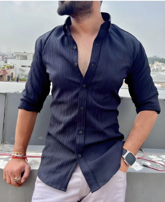 FABDACK Men Self Design Casual Blue Shirt