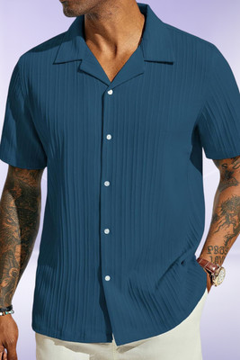 A DEEMOON TREND Men Self Design Casual Blue Shirt