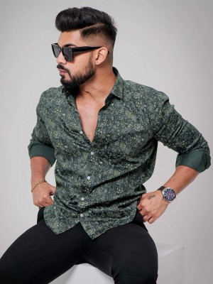 VS Fashion Men Floral Print Formal Green Shirt