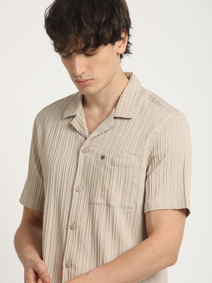 THE BEAR HOUSE Men Self Design Casual Beige Shirt