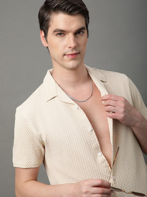 Voroxy Men Self Design Casual Cream Shirt