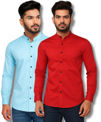 GOD HEART Men Solid Casual Light Blue, Red Shirt(Pack of 2)
