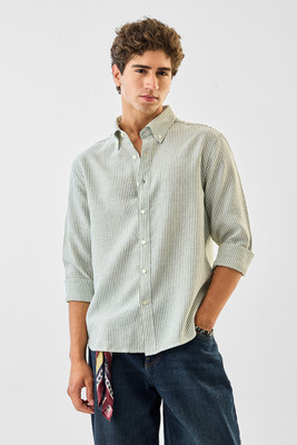 Snitch Men Striped Casual Light Green Shirt