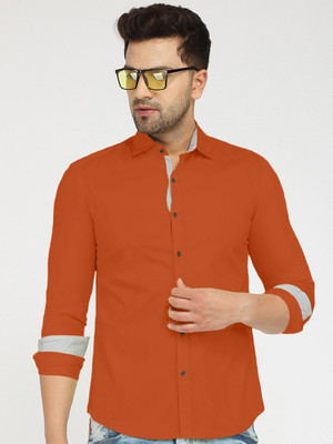 ZOMBOM Men Solid Casual Orange Shirt