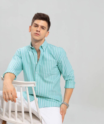 XTOUCH Men Striped Casual Light Green Shirt