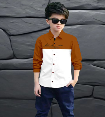 Lolark Boys Printed Festive Brown, White Shirt