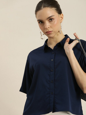 encore by INVICTUS Women Solid Casual Dark Blue Shirt