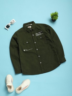 V-MART Boys Printed Casual Dark Green Shirt