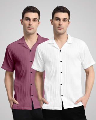 kruze Men Self Design Casual Pink, White Shirt(Pack of 2)