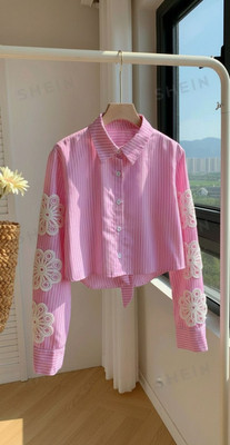 hug nation Women Striped Casual Pink, White Shirt