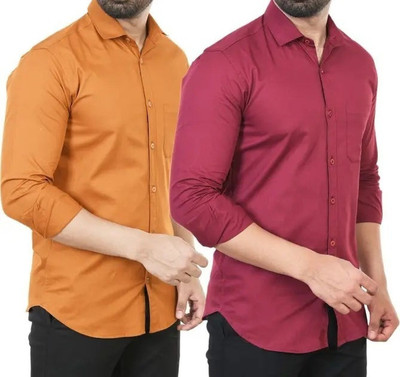 Hansroop Men Solid Casual Maroon, Brown Shirt(Pack of 2)