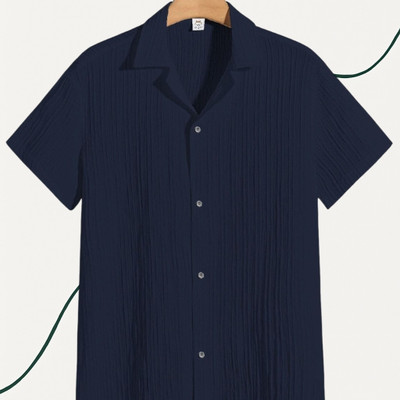 A DEEMOON TREND Men Self Design Casual Dark Blue Shirt