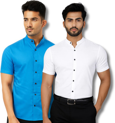 GOD HEART Men Solid Casual Blue, White Shirt(Pack of 2)