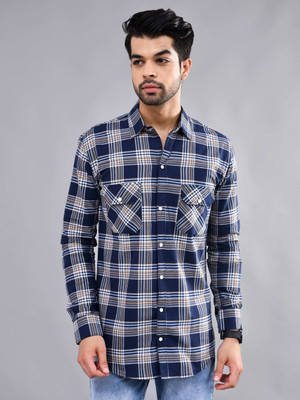 DEZANO Men Checkered Casual Dark Blue, Brown, White Shirt