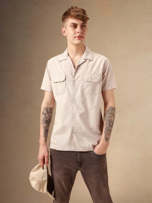 Dennis Lingo Men Solid Casual Beige Shirt