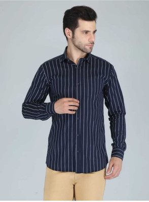 Masher Men Striped Casual Dark Blue, Grey Shirt