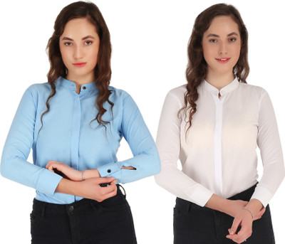 Hunoor Women Solid Formal Blue, White Shirt(Pack of 2)
