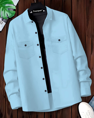Troonpair Men Solid Casual Light Blue Shirt