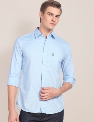 U.S. POLO ASSN. Men Self Design Casual Blue Shirt