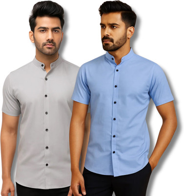 ModeNex Men Solid Casual Grey, Light Blue Shirt(Pack of 2)
