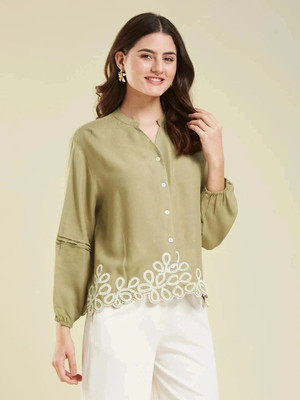 J TURRITOPSIS Women Embroidered Casual Light Green Shirt