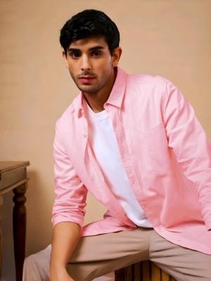 Richman Men Solid, Striped Formal Pink Shirt