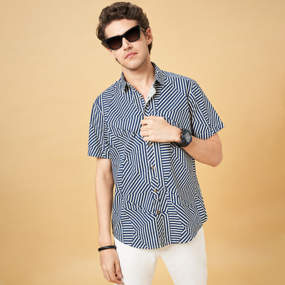 SF Jeans by Pantaloons Men Geometric Print Casual Blue Shirt