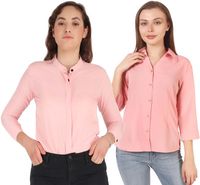 Hunoor Women Solid Formal Pink Shirt(Pack of 2)