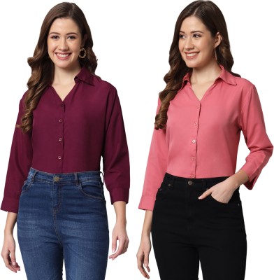 FUNDAY FASHION Women Solid Casual Purple, Pink Shirt(Pack of 2)