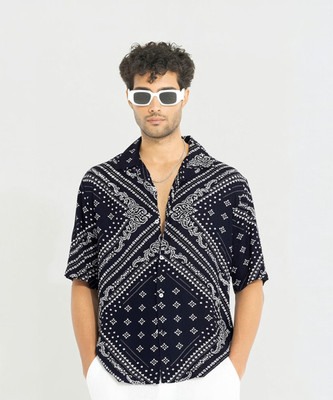 Snitch Men Printed Casual Dark Blue, White Shirt