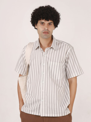 The Rogue Club Men Striped Beach Wear White, Grey Shirt
