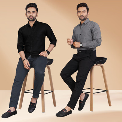 NrV Fashion Men Solid Casual Black, Grey Shirt(Pack of 2)