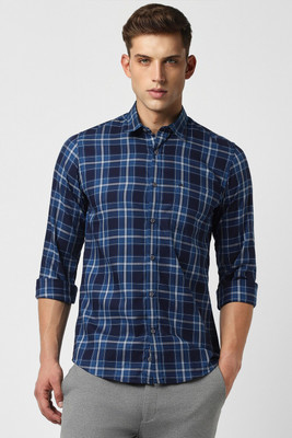 PETER ENGLAND Men Checkered Casual Dark Blue Shirt