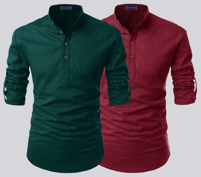 ZOMBOM Men Solid Casual Green, Red Shirt(Pack of 2)