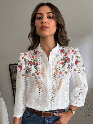 OUTZIDR Women Embroidered Casual White Shirt