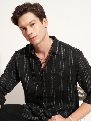 HIGHLANDER Men Striped Casual Black Shirt