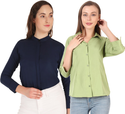 Mamnoon Women Solid Formal Green, Blue Shirt(Pack of 2)
