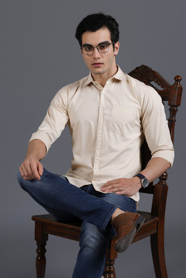 HETIERS Men Solid Casual Cream Shirt
