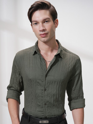 HIGHLANDER Men Self Design Casual Green Shirt