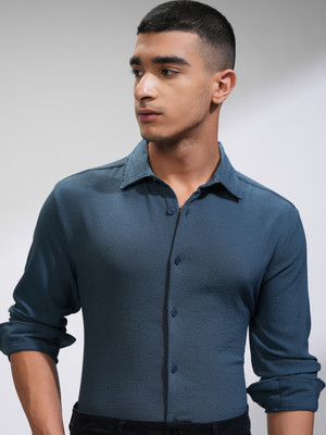 HIGHLANDER Men Self Design Casual Blue Shirt